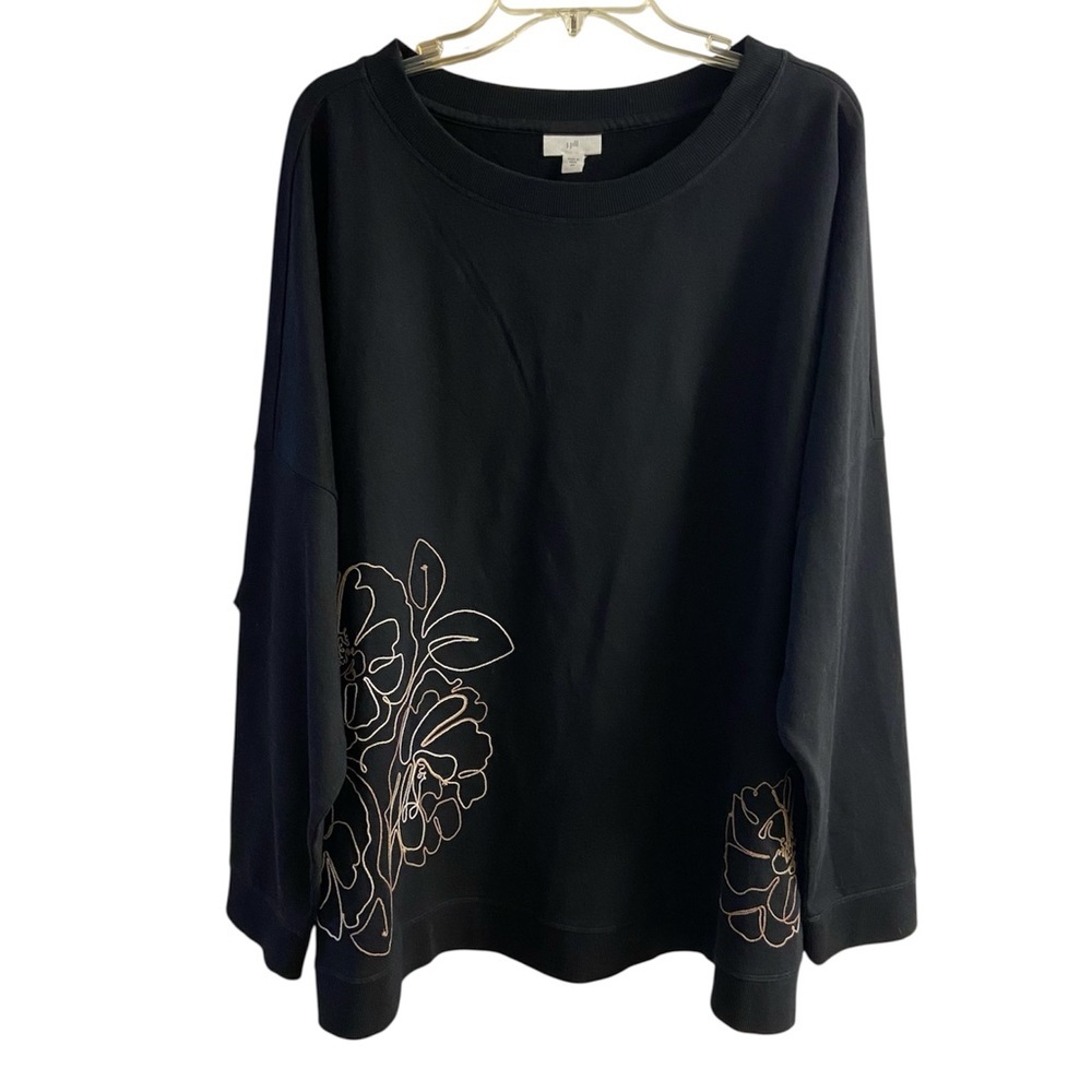 J Jill Black Pullover Sweatshirt with Cream Floral embroidery 4X